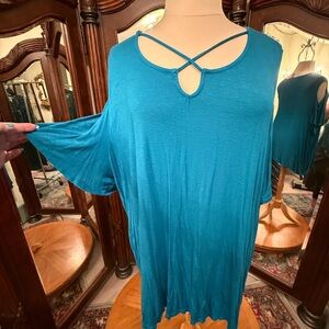 Catherines Teal Crisscross Keyhole Neckline Cold Shoulder Top